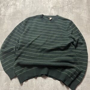 Express Hunter Green Striped Vintage Sweater PulloverMens  Large 100% Lambs Wool